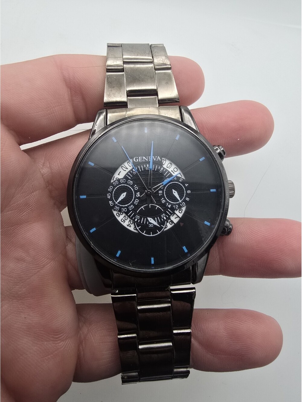 Geneva Men's Analog Metal Dress Watch Silver Band Black Dial Stick Indexes
